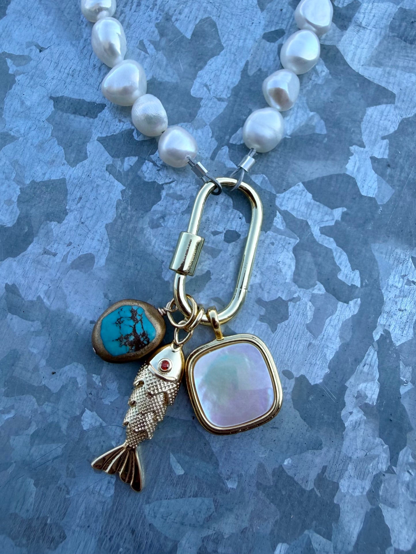 Gold Locket with Charms - Mother of Pearl