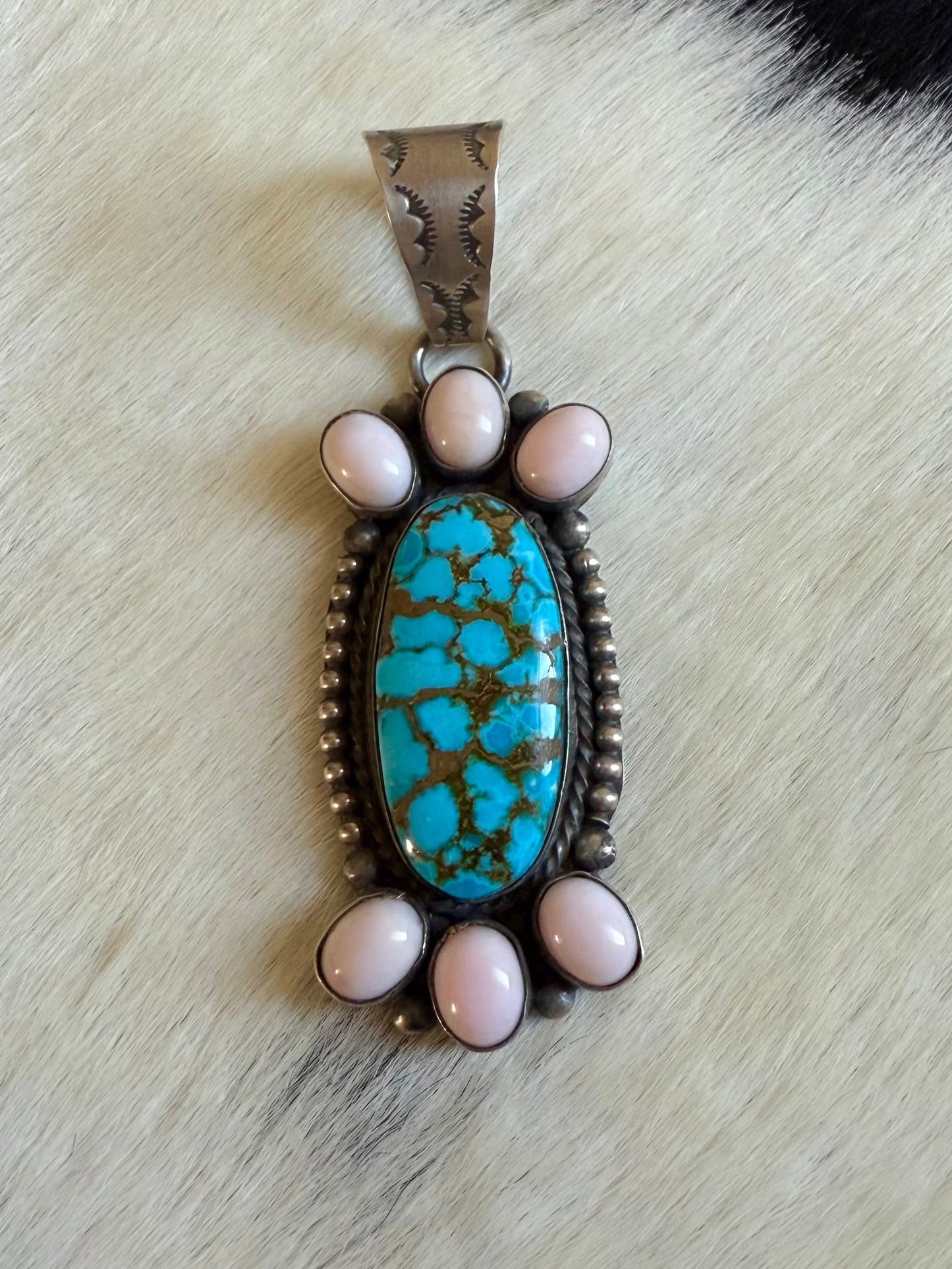 Pink Conch & Spider Web Turquoise Pendant