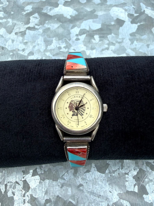 Red Coral, Turquoise, & Black Onyx Watch