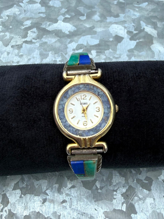 Green Turquoise & Blue Lapis Inlay Mixed Metal Watch