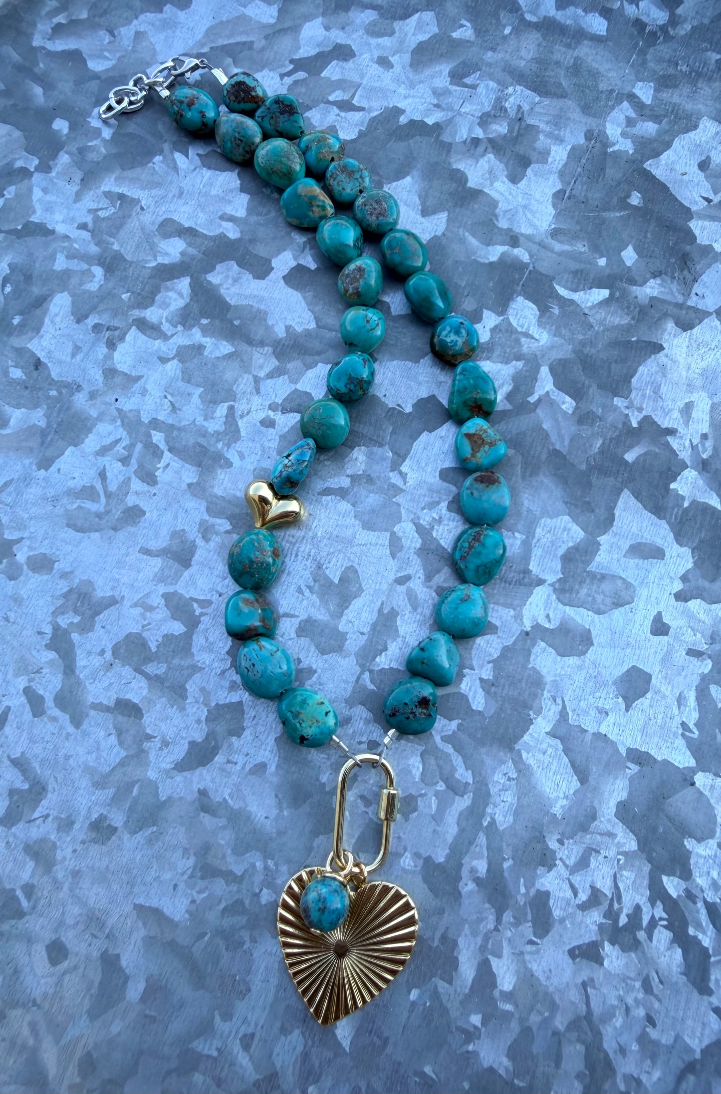 Gold Locket with Charms - Turquoise Chunks & Golden Heart