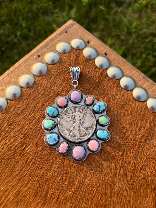 Liberty Half Dollar Multi Stone Pendant