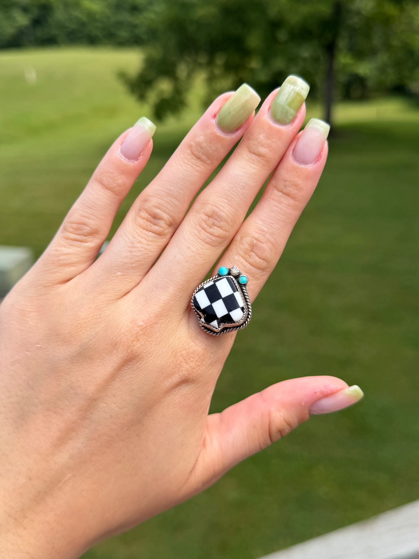Checkered Spade Ring, adjustable