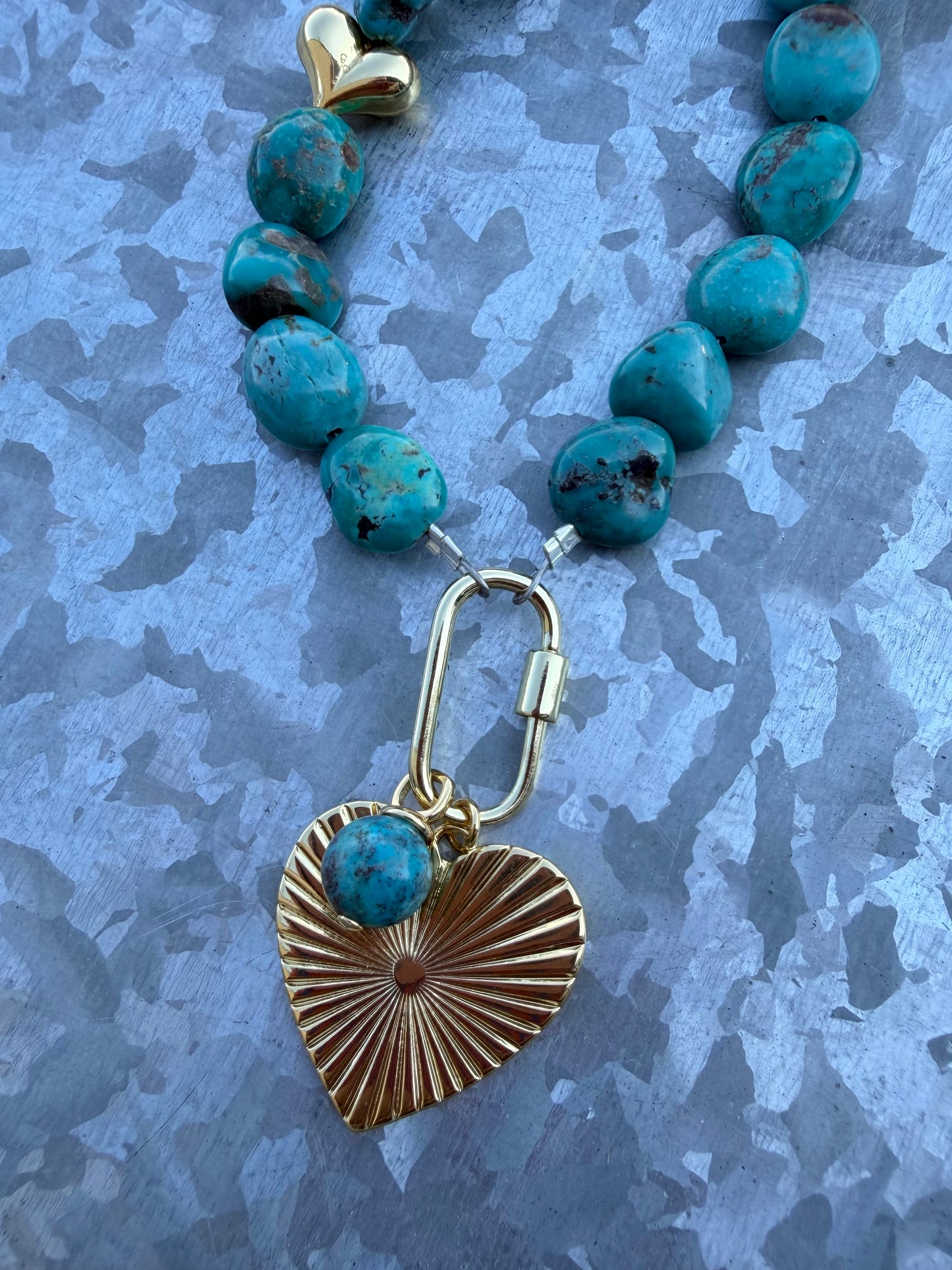Gold Locket with Charms - Turquoise Chunks & Golden Heart
